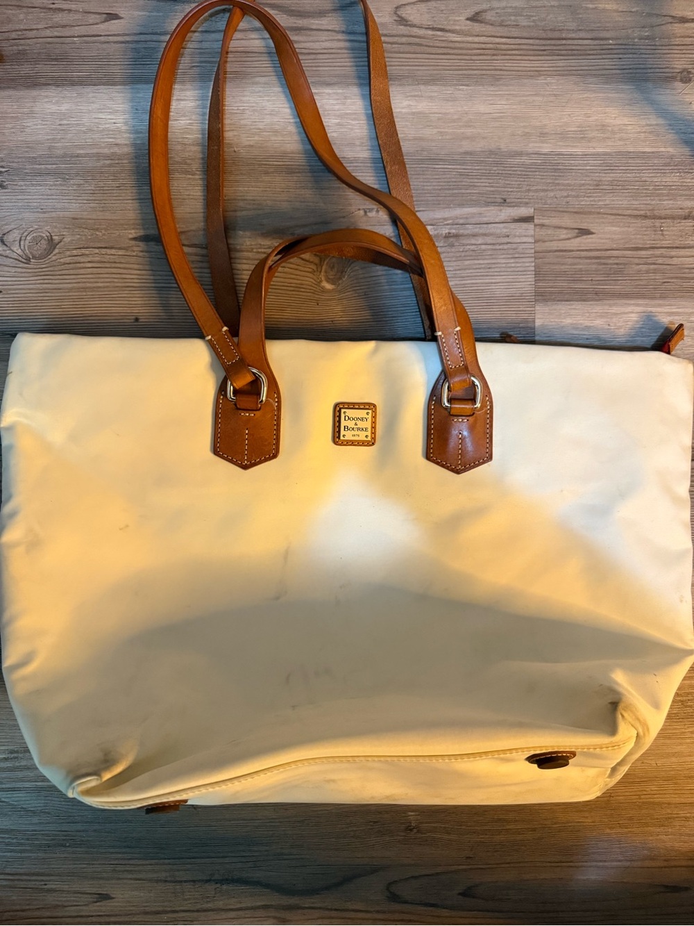 Dooney & Bourke Cream Canvas Tote with Tan Leather Straps